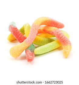 An Isolated Bunch Of Sour Gummy Worm Candy Over A White Background.