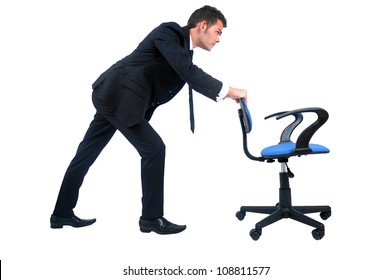 Isolated Business Man Pushing Chair