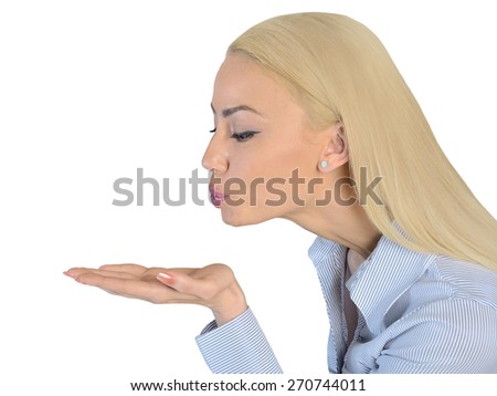 Isolated business woman kiss something