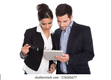 Isolated Businesswoman And Businessman Looking At Tablet Pc On White Background.