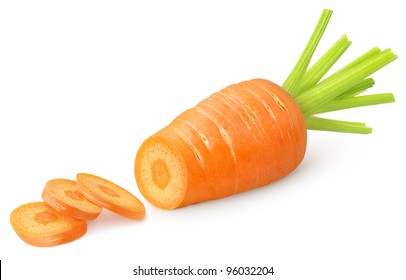 Isolated Carrot. Cut Fresh Carrot With Green Stem Isolated On White Background