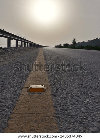 Isolated cateye on the road with bright sun in front