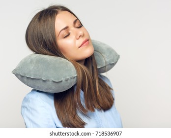 Isolated Caucasian Woman Travel Pillow On Neck. 