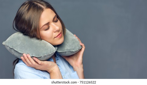 Isolated Caucasian Woman Travel Pillow On Neck. 