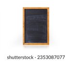 Isolated chalkboard picture frame. Well used black chalkboard in wood frame and reflection. Grunge texture. Used for restaurant menu, in school or education. White background.