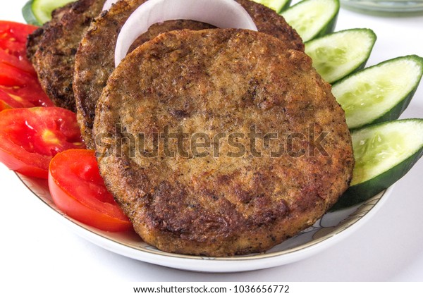 Isolated Chapli Kabab Dish Vegetable Salad Food And Drink Stock