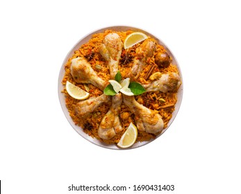 Isolated chicken kabsa, traditional Saudi food, Spicy fried rice, Ramadan iftar meal, Eid dinner on white background.