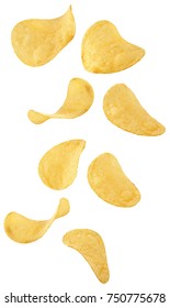 Isolated chips. Falling potato chips  isolated on white background with clipping path