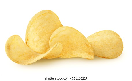 Isolated chips. Group of potato chips isolated on white background with clipping path