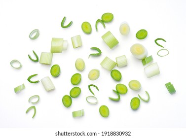 Isolated chopped fresh.  cut spring onions on white background. Top view. clipping path. - Shutterstock ID 1918830932