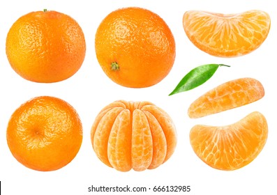 Isolated citrus collection. Whole tangerines or mandarin orange fruits and peeled segments isolated on white background with clipping path
