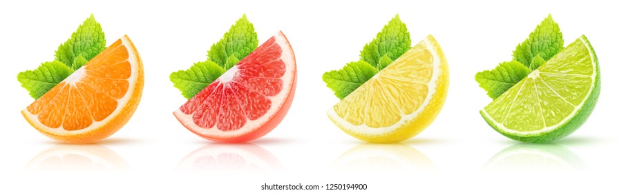 Isolated citrus fruits collection. Wedges of orange, pink grapefruit, lemon and lime with mint leaves on white background with clipping path - Powered by Shutterstock