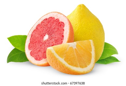 Isolated Citrus Fruits. Lemon Fruit, Half Of Pink Grapefruit And Orange Wedge Isolated On White Background