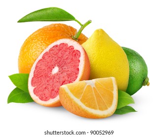 Isolated citrus fruits. Orange, grapefruit, lemon and lime isolated on white background - Shutterstock ID 90052969