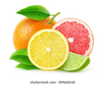 Isolated citrus fruits. Pieces of lemon, lime, pink grapefruit and orange isolated on white background, with clipping path