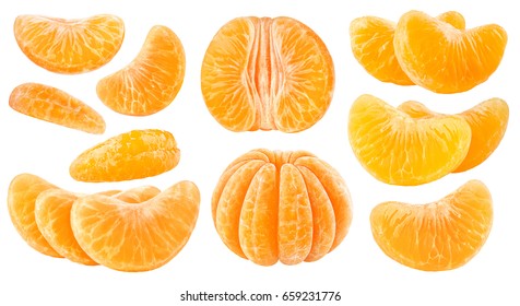 Isolated citrus segments. Collection of tangerine, orange and other citrus fruits peeled segments isolated on white background with clipping path - Shutterstock ID 659231776