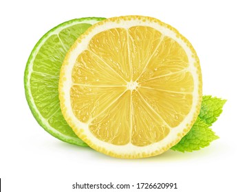 Isolated citrus slices. Cross section of lemon and lime isolated on white background with mint leaves