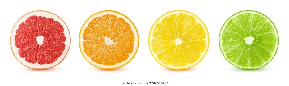 Isolated citrus slices. Cut of grapefruit, orange, lemon, lime fruit isolated on white with clipping path - Powered by Shutterstock