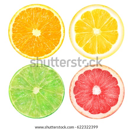 Isolated citrus. Slices of orange, pink grapefruit, lime and lemon fruits isolated on a white background to photograph closeup