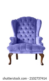 Isolated classic very peri velvet armchair. Vintage armchair. Insulated furniture. Purple soft chair.