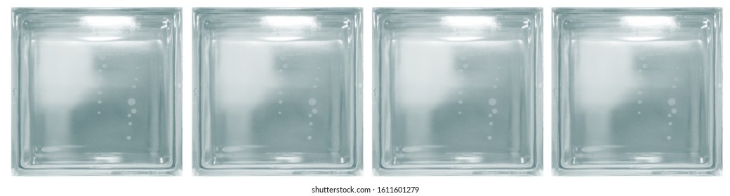 Isolated Clear Blue See Through Transparent Four Square Bathroom Glass Blocks Cube With Minimal White Simple Bubble Smooth Pattern. Use For Object And Materials. Arrange In Horizontal Panel.