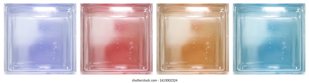 Isolated Clear See Through Colorful Transparent Four Square Bathroom Glass Blocks Cube With Minimal White Simple Bubble Smooth Pattern. Use For Object And Materials. Arrange In Horizontal Panel.