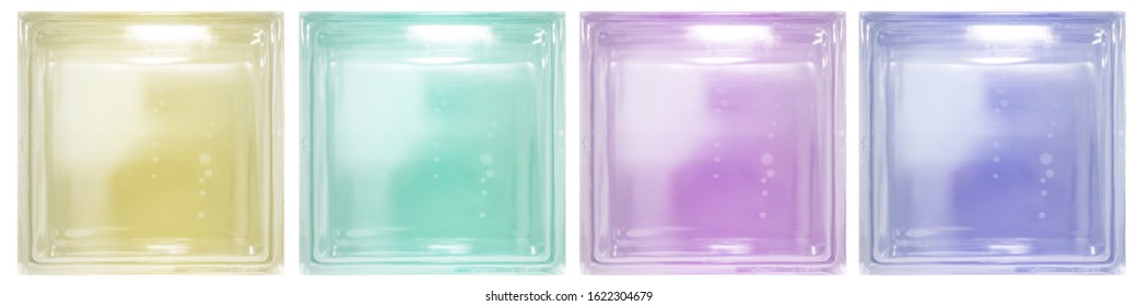 Isolated Clear See Through Colorful Transparent Four Square Bathroom Glass Blocks Cube With Minimal White Simple Bubble Smooth Pattern. Use For Object And Materials. Arrange In Horizontal Panel.