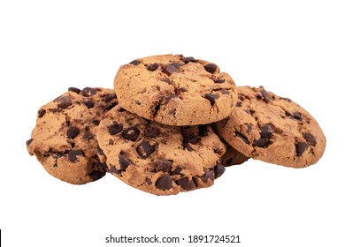 Isolated Clipping Path Of Die Cut Dark Chocolate Chip Cookies Piece Stack And Crumbs On White Background Of Closeup Tasty Bakery Organic Homemade American Biscuit Sweet Dessert