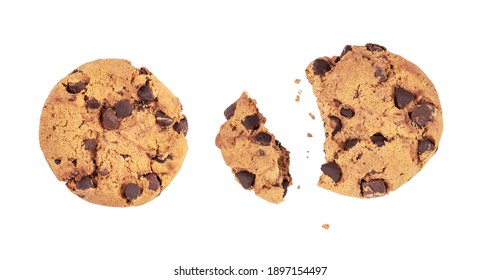 Isolated Clipping Path Of Die Cut Dark Chocolate Chip Cookies Piece Stack And Crumbs On White Background Of Closeup Tasty Bakery Organic Homemade American Biscuit Sweet Dessert