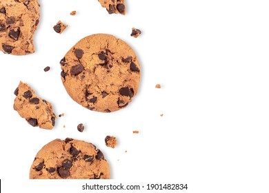 Isolated Clipping Path Of Die Cut Dark Chocolate Chip Cookies Piece Stack And Crumbs On White Background Of Closeup Tasty Bakery Organic Homemade American Biscuit Sweet Dessert