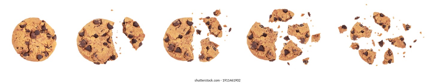 Isolated clipping path of die cut dark chocolate chip cookies piece set stack and crumbs on white background of closeup tasty bakery organic homemade American biscuit sweet dessert - Powered by Shutterstock