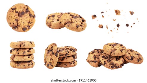 Isolated clipping path of die cut dark chocolate chip cookies piece set stack and crumbs on white background of closeup tasty bakery organic homemade American biscuit sweet dessert
