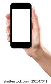 Isolated With Clipping Path Female Hand Holding The Phone Similar To Iphone With White Screen