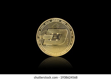 Isolated With Clipping Path, The Golden DASH Coin Symbol Close Up. DASH Coin Is One Of The Digital Currency - Cryptocurrency Driven By Blockchain Technology.