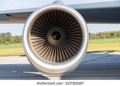 Isolated close up of a turbofan jet engine.