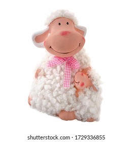 Isolated Close Up View Of Figurine Of An Happy Easter Sheep On White Background.