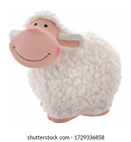 Isolated Close Up View Of Figurine Of An Happy Easter Sheep On White Background.