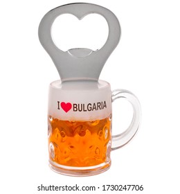 Isolated Close Up View Of Souvenir Of Bulgaria - Beer Opener On White Background. Fridge Magnet