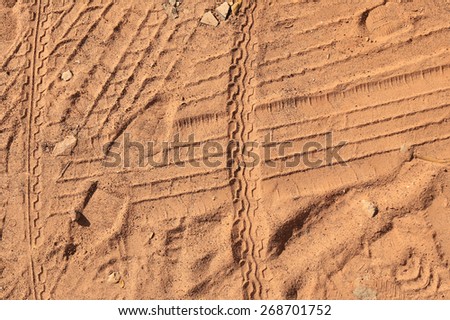 isolated close-up variety of footprints in the sand in sunlight