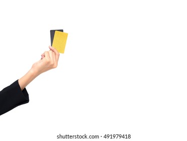 Isolated Closeup Of A Woman's Hand Holding Up A Credit Card.