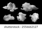 Isolated cloud collection on black background. Set of different types of clouds. Design. Fog. Haze. Clouds. Abstract clouds. Fog over the sky. Fluffy white cloud texture.