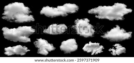 Isolated cloud collection on black background. Set of different types of clouds. Design. Fog. Haze. Clouds. Abstract clouds. Fog over the sky. Fluffy white cloud texture.