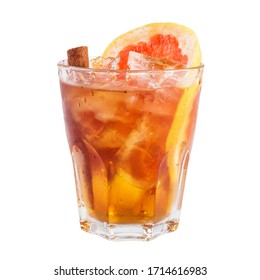 Isolated Cocktail In Rocks Glass Decorated With Grapefruit And Cinnamon Stick