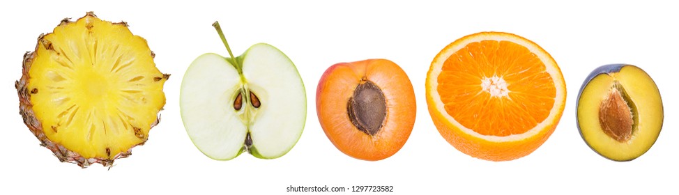 Isolated collection of fruits. Fresh apple, apricot, plum, orange, pineapple, on white background  - Shutterstock ID 1297723582