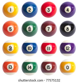 Isolated Colored Pool Balls. Numbers 1 to 15 and zero ball