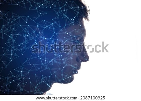 Isolated combination of a man silhouette and abstraction on the topic of digital technologies. Concept of artificial intellect, modern technologies in science