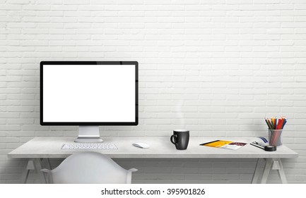 Isolated Computer Display For Mockup In Office Interior. Work Desk With Keyboard, Mouse, Cup Of Coffee, Paper, Pencils. Free Space On Wall For Text.