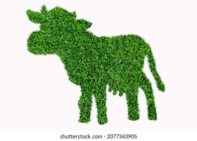 Isolated Cow Silhouette Filled With Grass Texture. Concept For Ecology, Agriculture, Methane, Pollution, Vegan