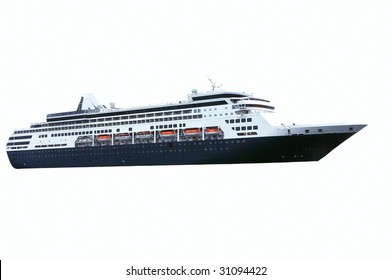 Isolated Cruise Ship With Blue Hull Color.