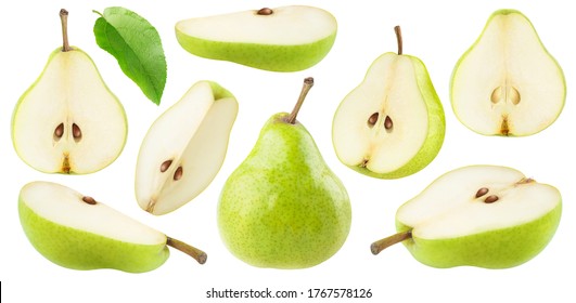 Isolated cut green pear fruits. Collection of green pear pieces of different shapes isolated on white background